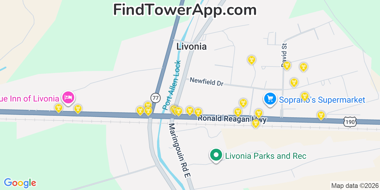 Map showing the 20 primary cell tower locations detected in Livonia, Louisiana from AT&T, Verizon, and T-Mobile networks