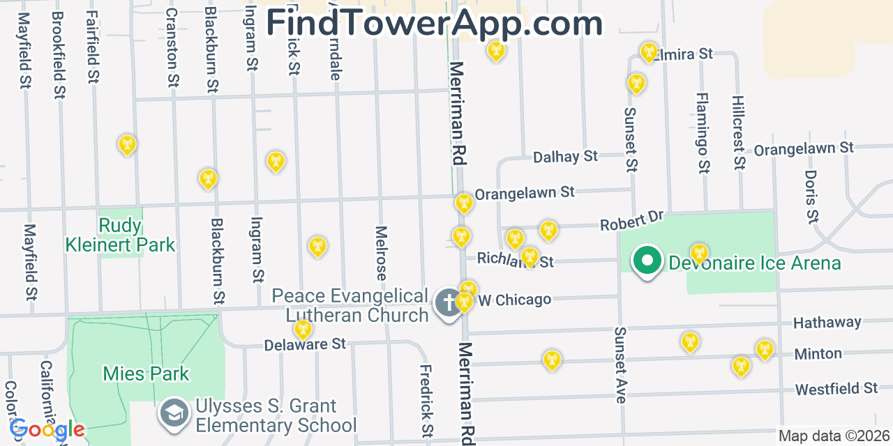 Map showing the 20 primary cell tower locations detected in Livonia, Michigan from AT&T, Verizon, and T-Mobile networks