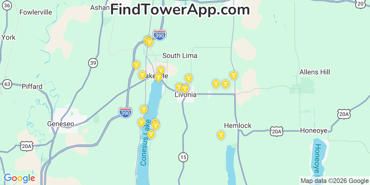 Map showing the 20 primary cell tower locations detected in Livonia, New York from AT&T, Verizon, and T-Mobile networks