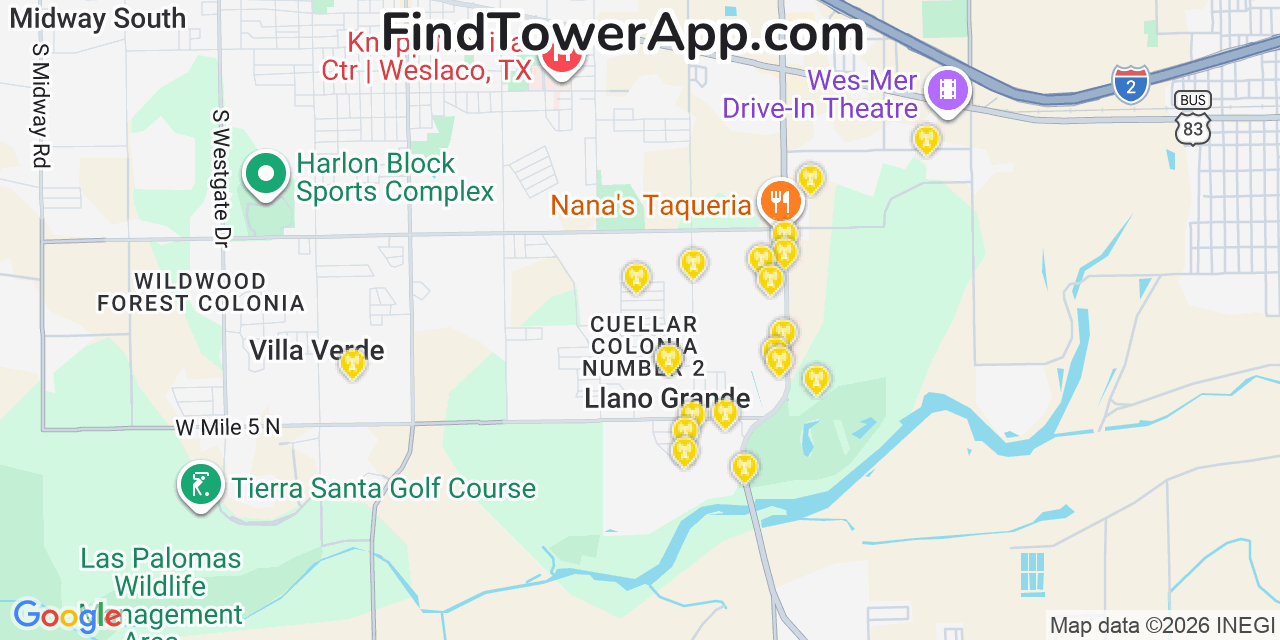 Map showing the 20 primary cell tower locations detected in Llano Grande, Texas from AT&T, Verizon, and T-Mobile networks