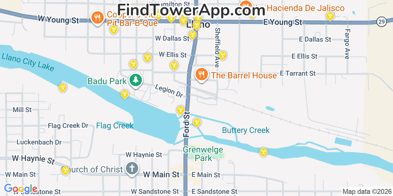Map showing the 20 primary cell tower locations detected in Llano, Texas from AT&T, Verizon, and T-Mobile networks
