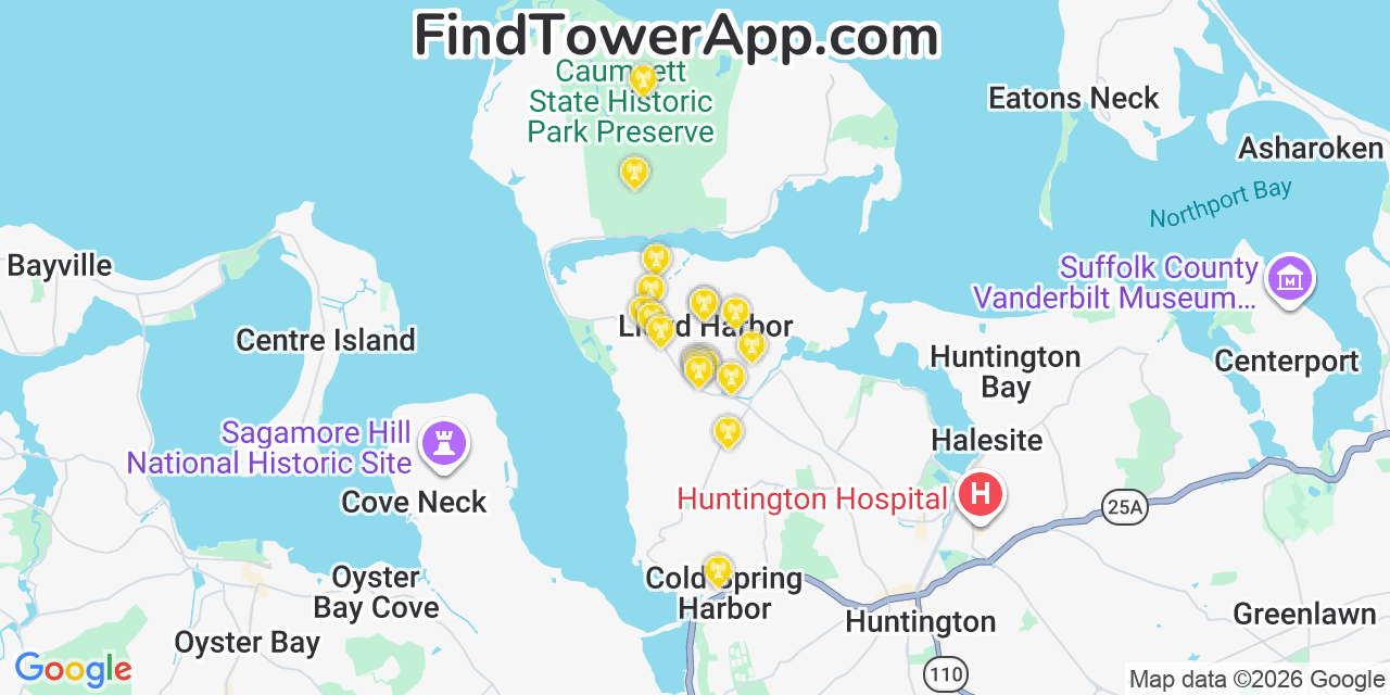 Map showing the 20 primary cell tower locations detected in Lloyd Harbor, New York from AT&T, Verizon, and T-Mobile networks
