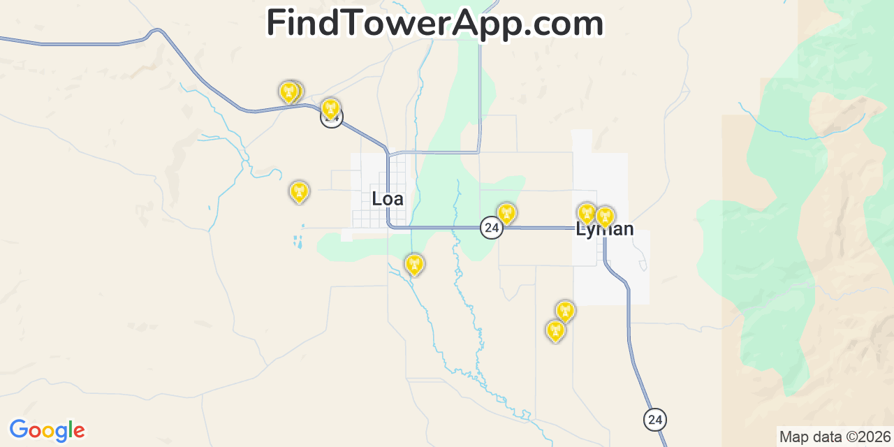 Map showing the 20 primary cell tower locations detected in Loa, Utah from AT&T, Verizon, and T-Mobile networks