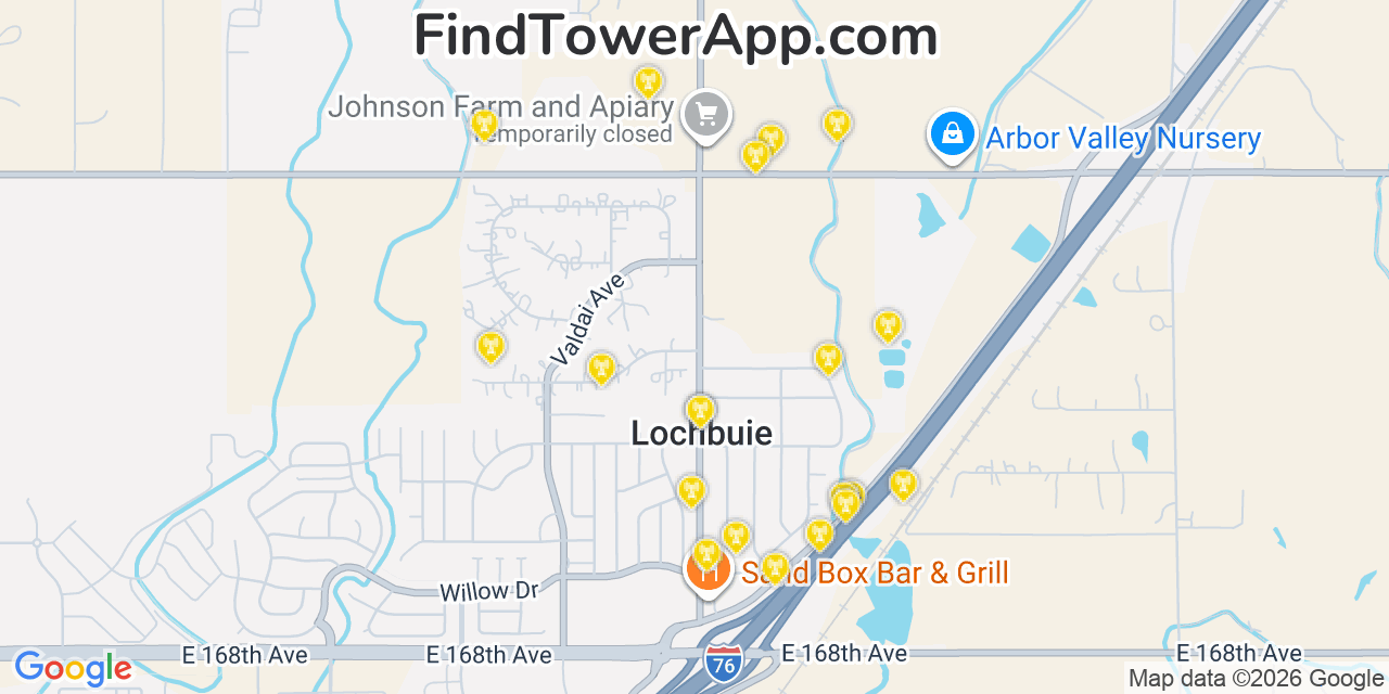 Map showing the 20 primary cell tower locations detected in Lochbuie, Colorado from AT&T, Verizon, and T-Mobile networks