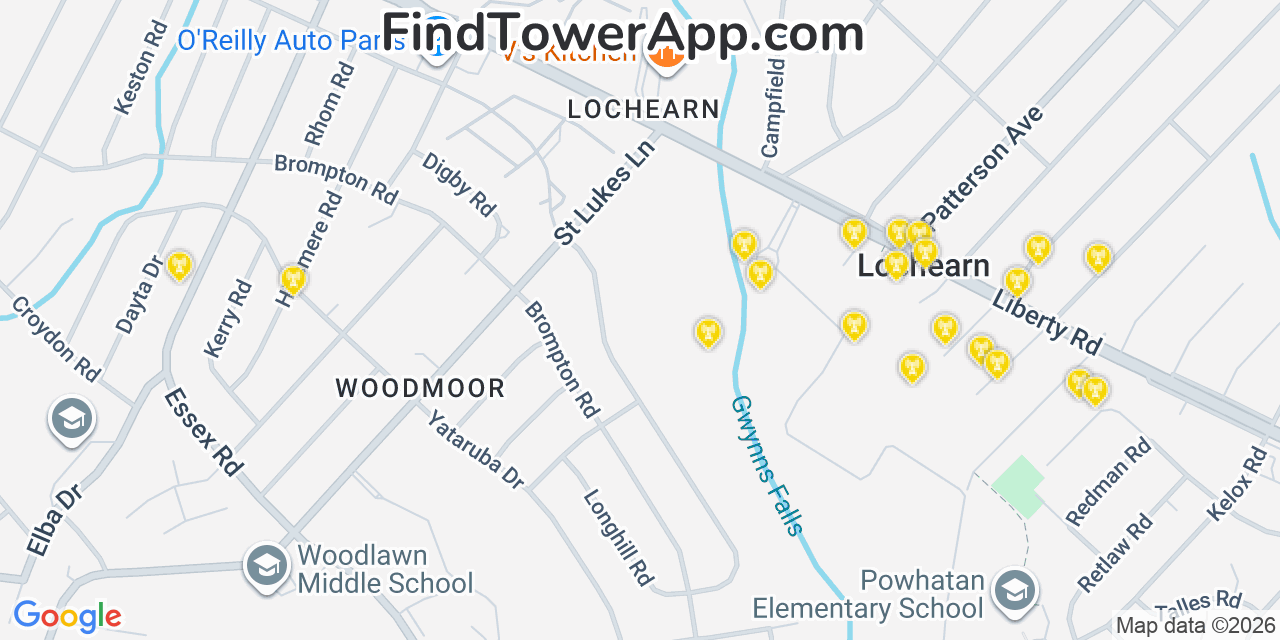 Map showing the 20 primary cell tower locations detected in Lochearn, Maryland from AT&T, Verizon, and T-Mobile networks