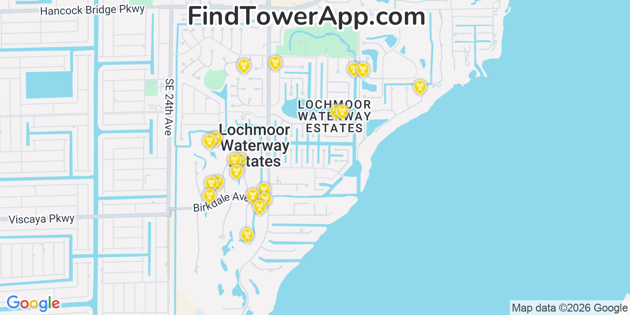Map showing the 20 primary cell tower locations detected in Lochmoor Waterway Estates, Florida from AT&T, Verizon, and T-Mobile networks