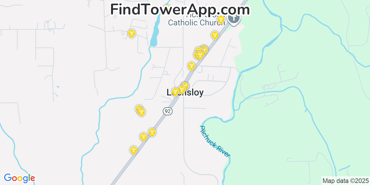 Map showing the 20 primary cell tower locations detected in Lochsloy, Washington from AT&T, Verizon, and T-Mobile networks