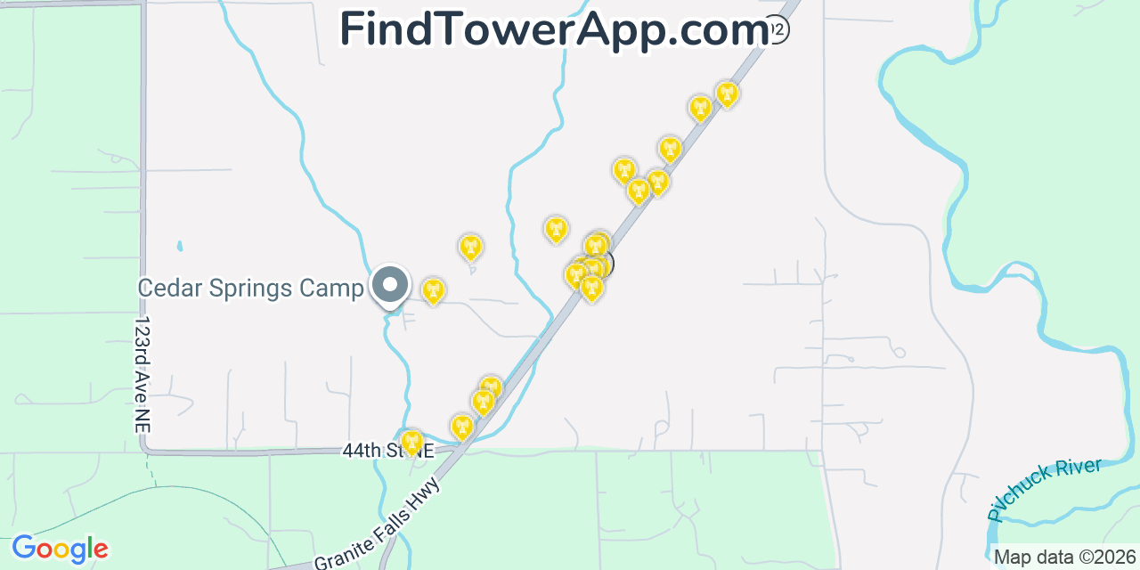 Map showing the 20 primary cell tower locations detected in Lochsloy, Washington from AT&T, Verizon, and T-Mobile networks