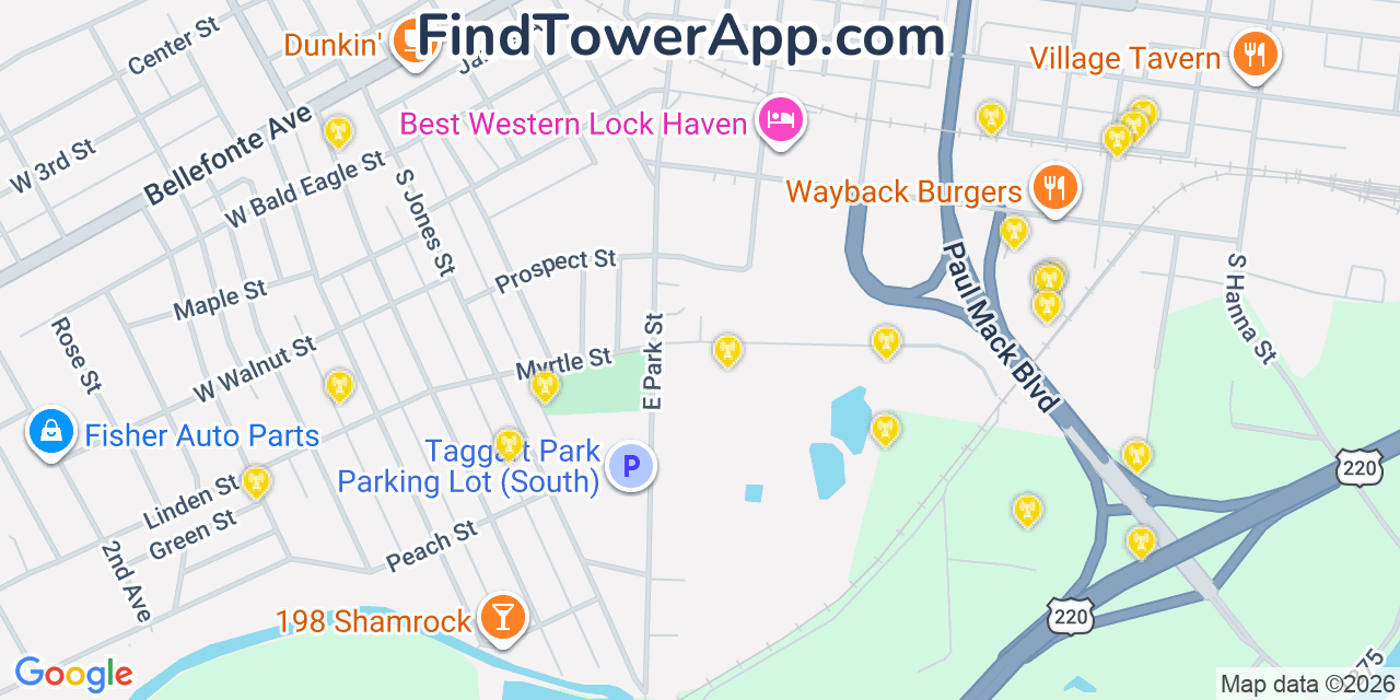 Map showing the 20 primary cell tower locations detected in Lock Haven, Pennsylvania from AT&T, Verizon, and T-Mobile networks