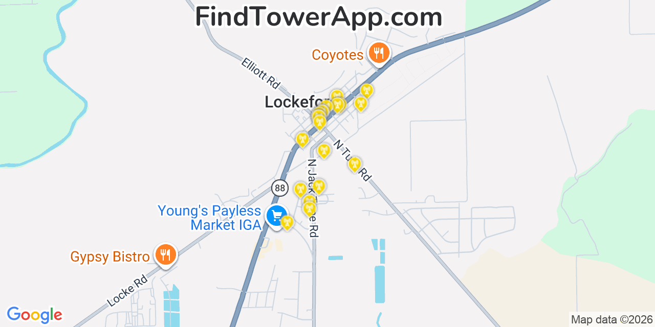 Map showing the 20 primary cell tower locations detected in Lockeford, California from AT&T, Verizon, and T-Mobile networks