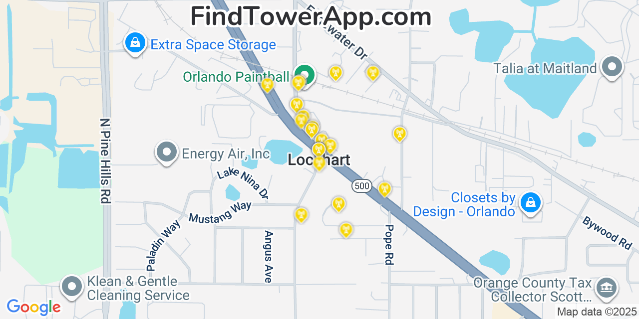 Map showing the 20 primary cell tower locations detected in Lockhart, Florida from AT&T, Verizon, and T-Mobile networks