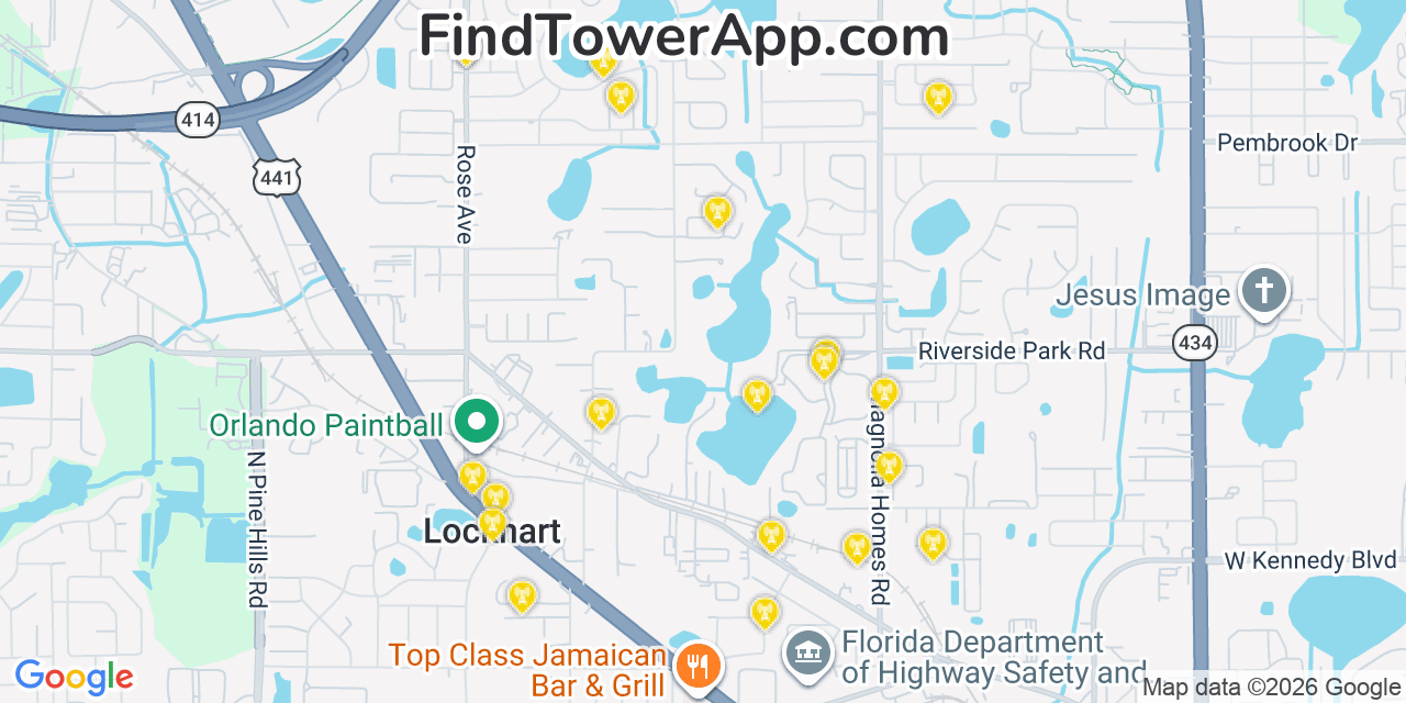 Map showing the 20 primary cell tower locations detected in Lockhart, Florida from AT&T, Verizon, and T-Mobile networks