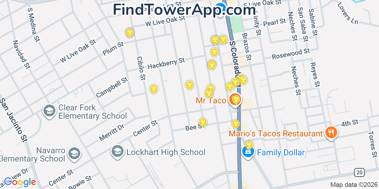 Map showing the 20 primary cell tower locations detected in Lockhart, Texas from AT&T, Verizon, and T-Mobile networks