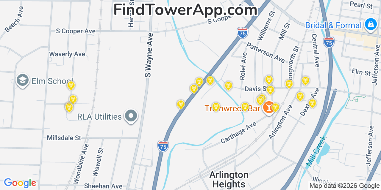 Map showing the 20 primary cell tower locations detected in Lockland, Ohio from AT&T, Verizon, and T-Mobile networks