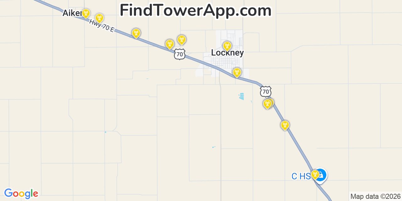 Map showing the 20 primary cell tower locations detected in Lockney, Texas from AT&T, Verizon, and T-Mobile networks
