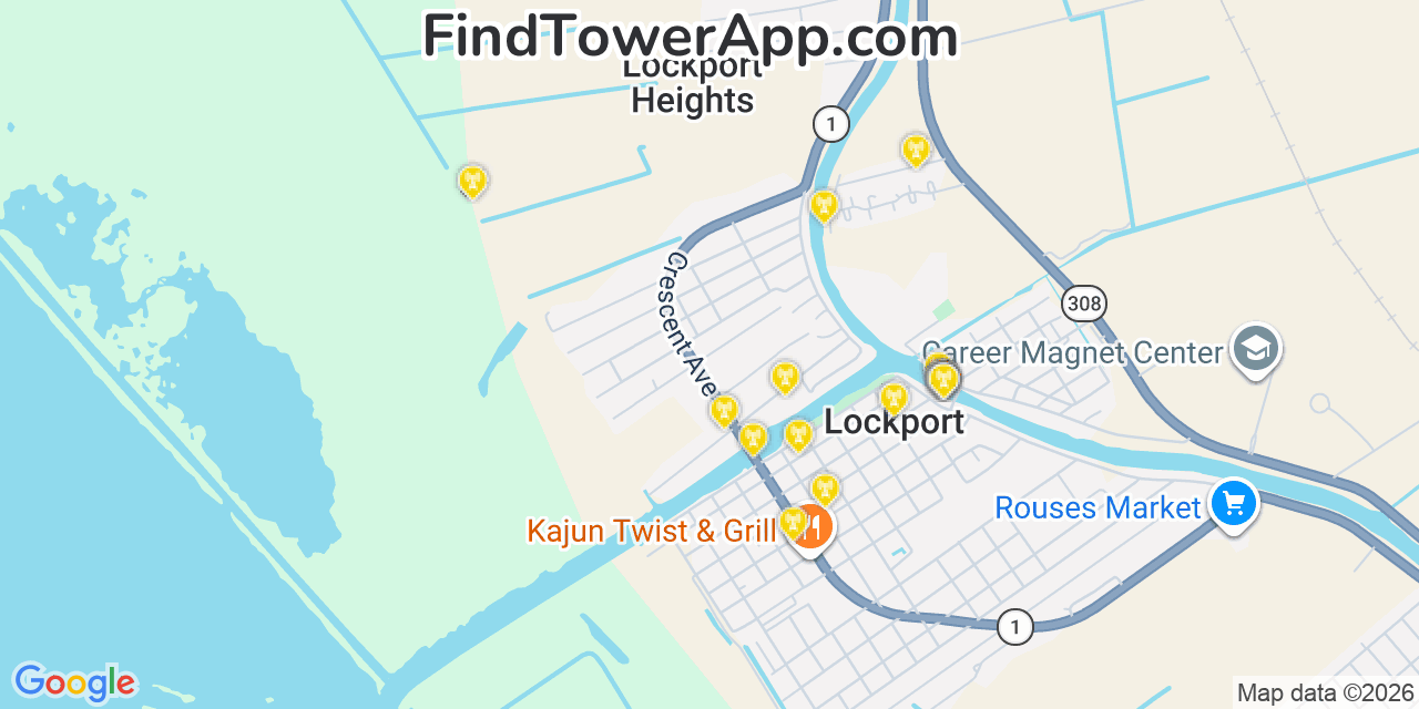 Map showing the 20 primary cell tower locations detected in Lockport Heights, Louisiana from AT&T, Verizon, and T-Mobile networks