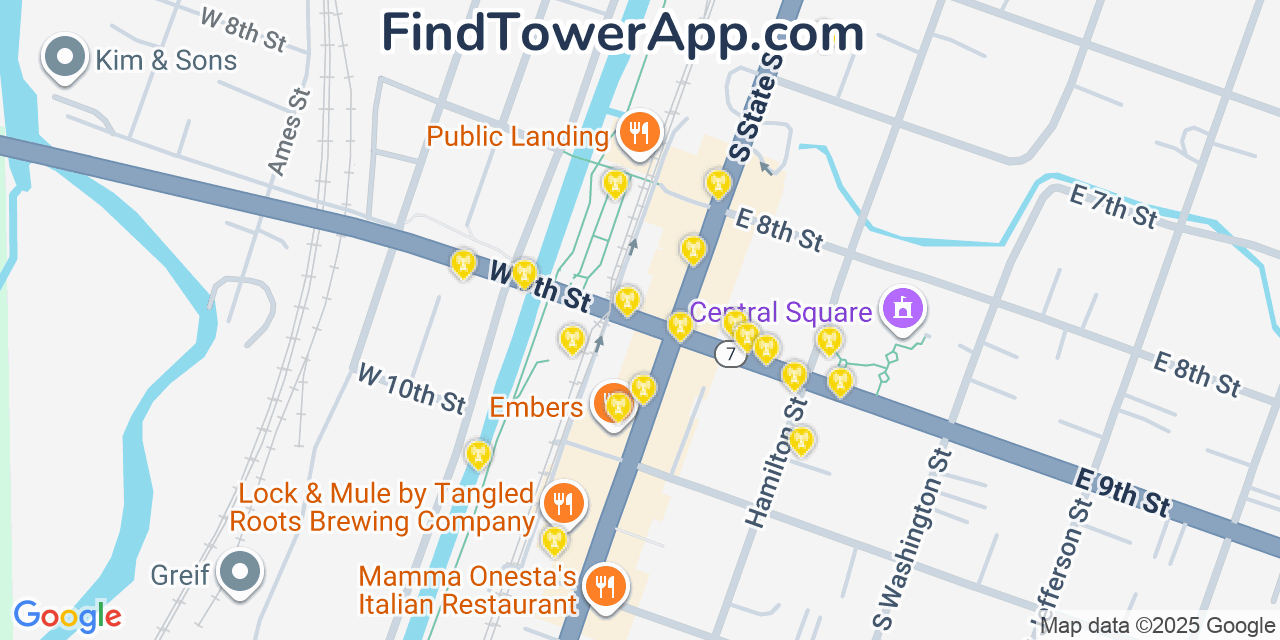 Map showing the 20 primary cell tower locations detected in Lockport, Illinois from AT&T, Verizon, and T-Mobile networks