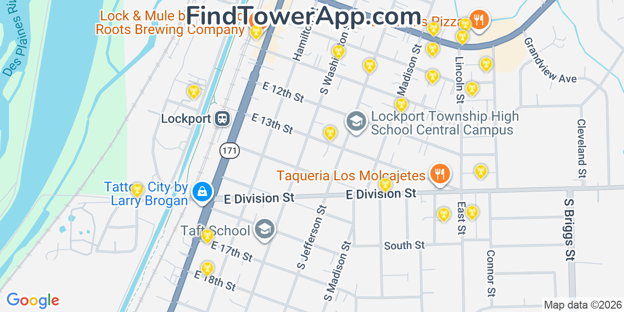 Map showing the 20 primary cell tower locations detected in Lockport, Illinois from AT&T, Verizon, and T-Mobile networks
