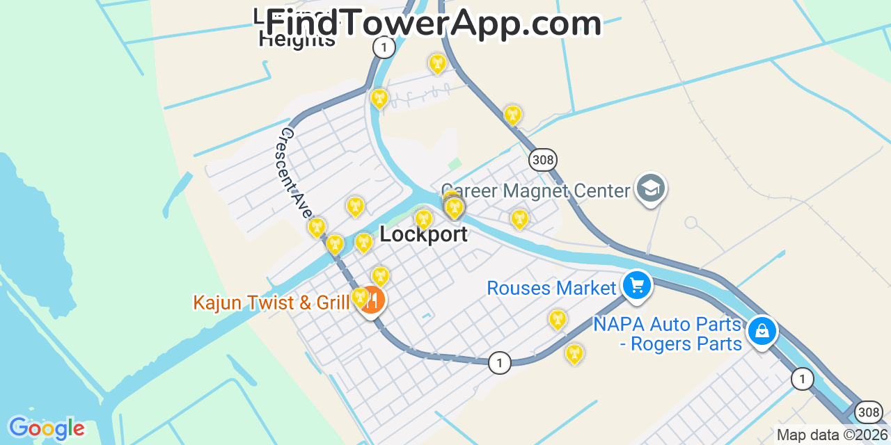 Map showing the 20 primary cell tower locations detected in Lockport, Louisiana from AT&T, Verizon, and T-Mobile networks