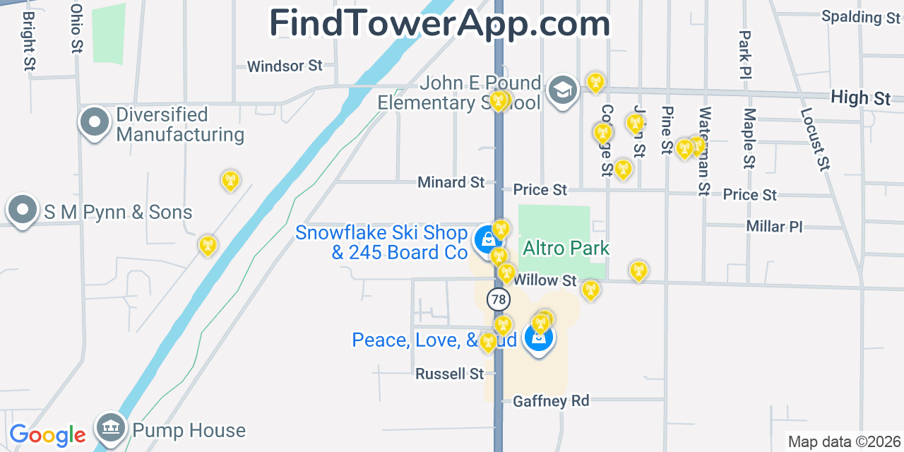 Map showing the 20 primary cell tower locations detected in Lockport, New York from AT&T, Verizon, and T-Mobile networks