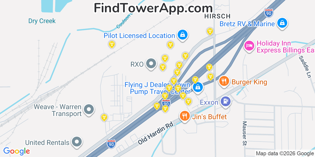 Map showing the 20 primary cell tower locations detected in Lockwood, Montana from AT&T, Verizon, and T-Mobile networks