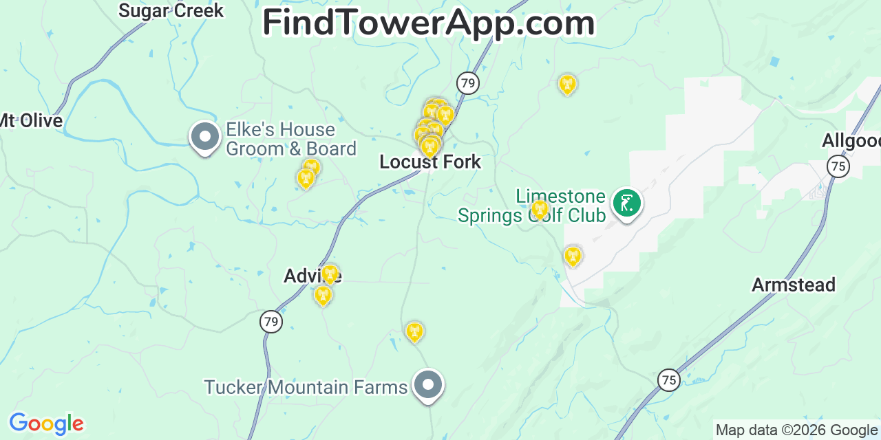Map showing the 20 primary cell tower locations detected in Locust Fork, Alabama from AT&T, Verizon, and T-Mobile networks