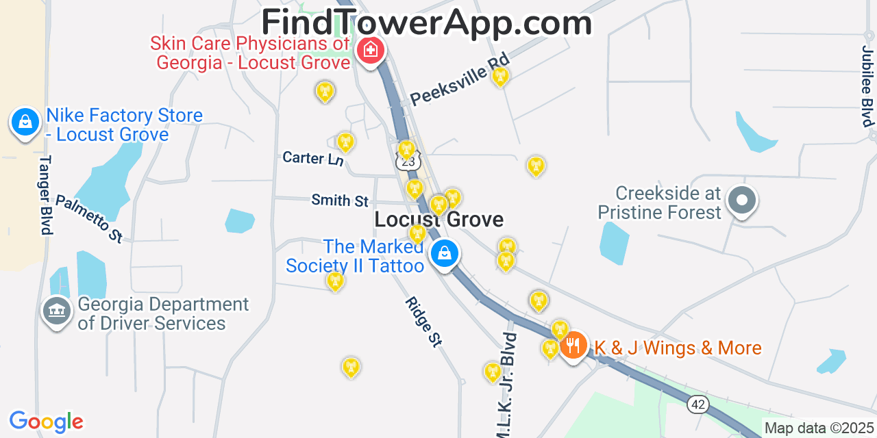 Map showing the 20 primary cell tower locations detected in Locust Grove, Georgia from AT&T, Verizon, and T-Mobile networks