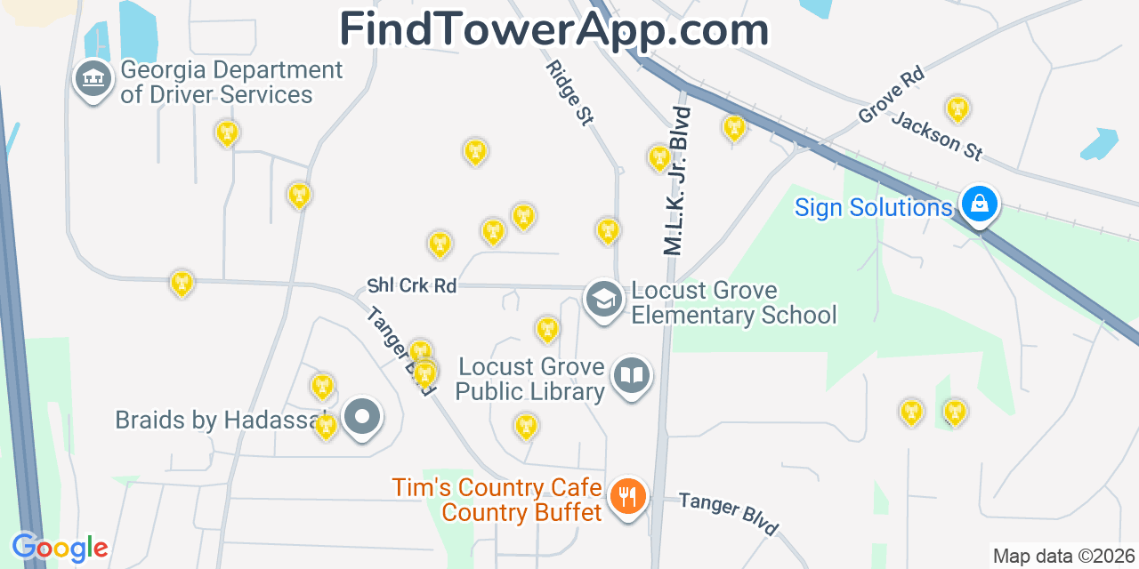 Map showing the 20 primary cell tower locations detected in Locust Grove, Georgia from AT&T, Verizon, and T-Mobile networks