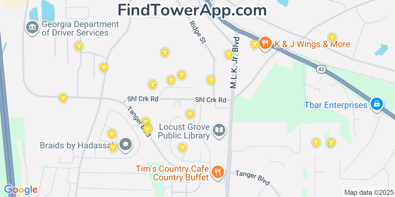 Map showing the 20 primary Mobitel cell tower locations detected in Locust Grove, Georgia with coverage radius and signal strength indicators