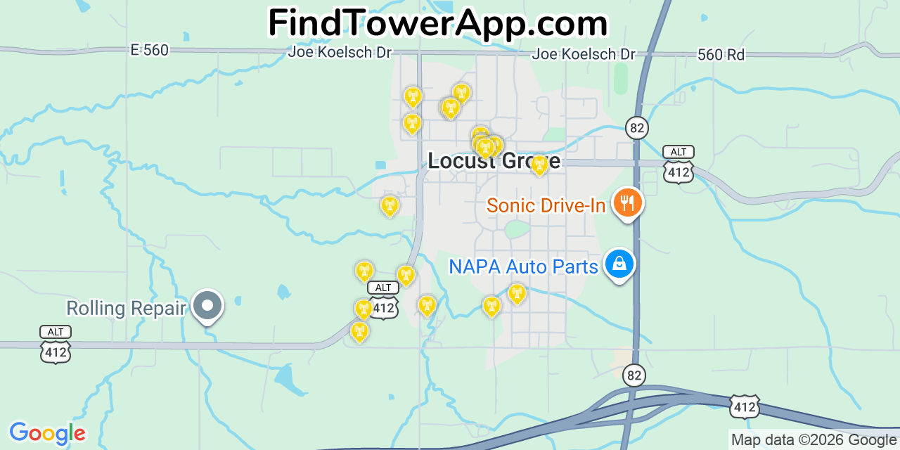 Map showing the 20 primary cell tower locations detected in Locust Grove, Oklahoma from AT&T, Verizon, and T-Mobile networks