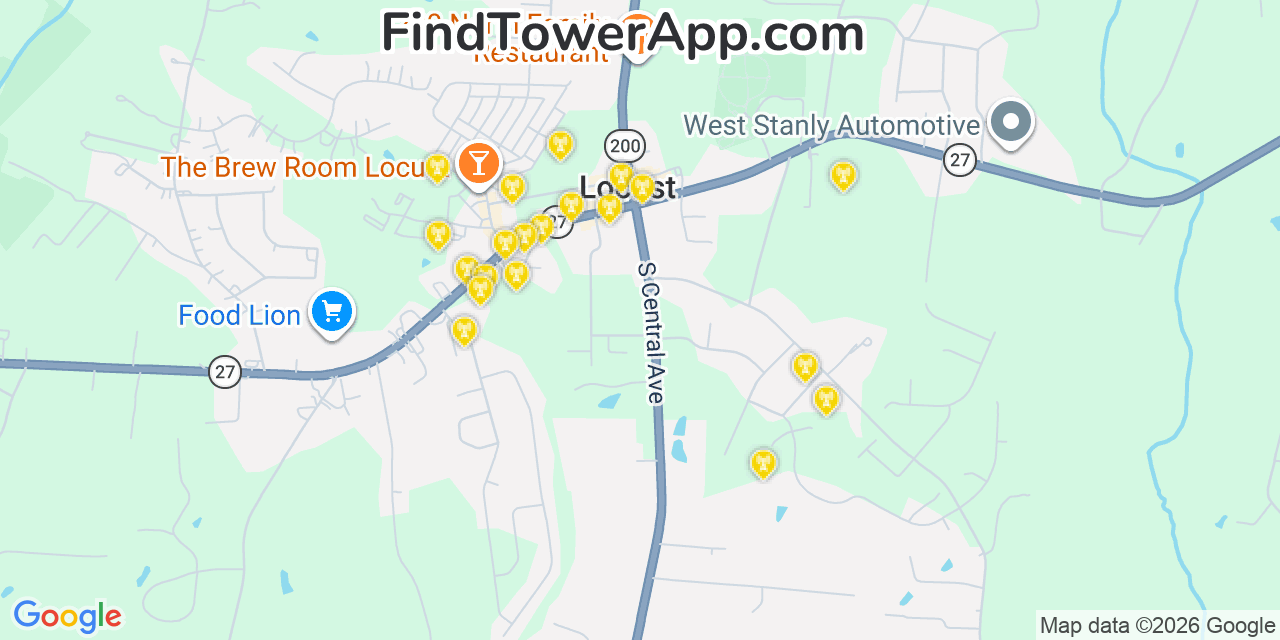 Map showing the 20 primary cell tower locations detected in Locust, North Carolina from AT&T, Verizon, and T-Mobile networks