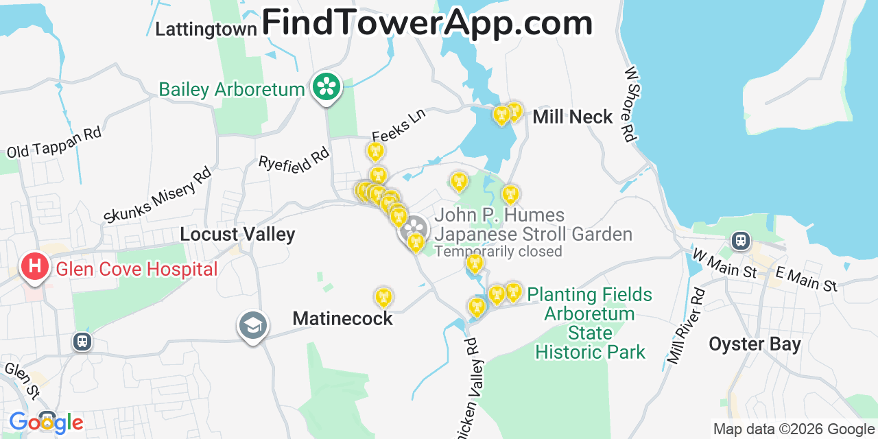 Map showing the 20 primary cell tower locations detected in Locust Valley, New York from AT&T, Verizon, and T-Mobile networks