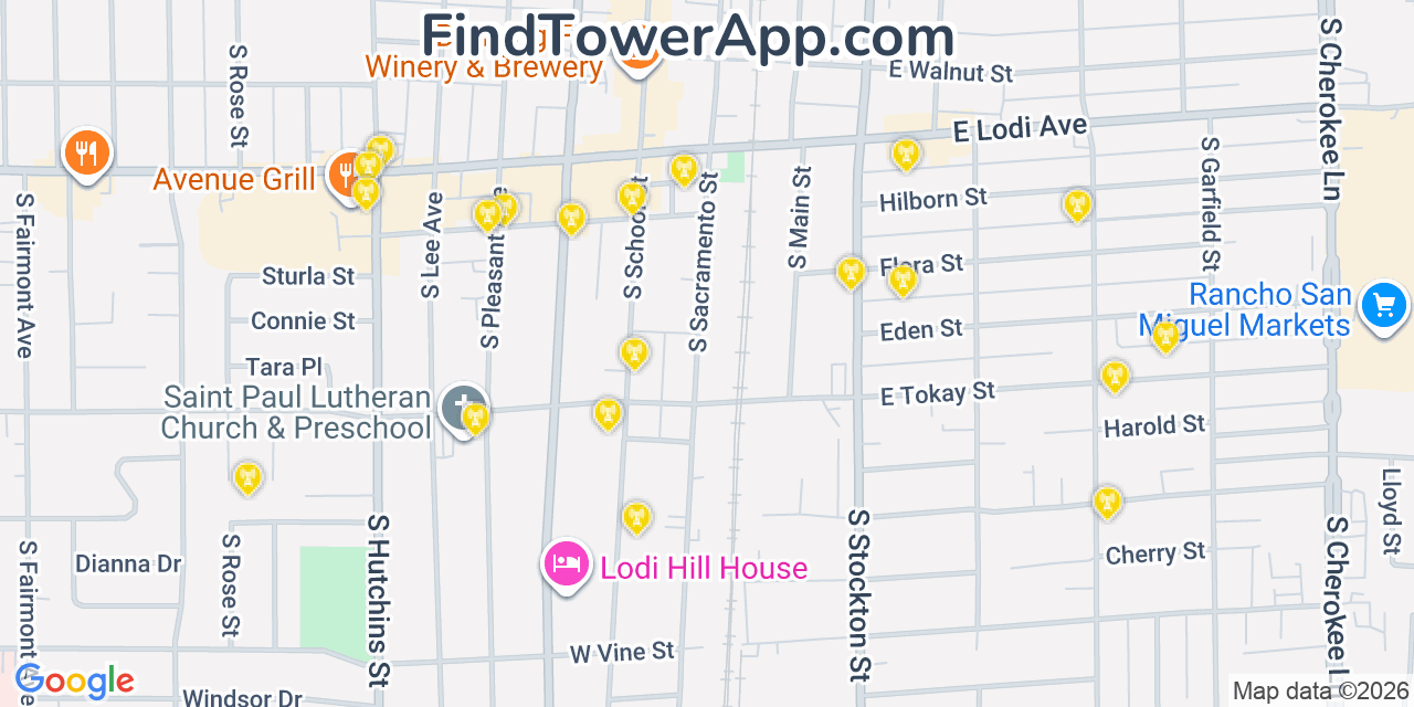 Map showing the 20 primary cell tower locations detected in Lodi, California from AT&T, Verizon, and T-Mobile networks