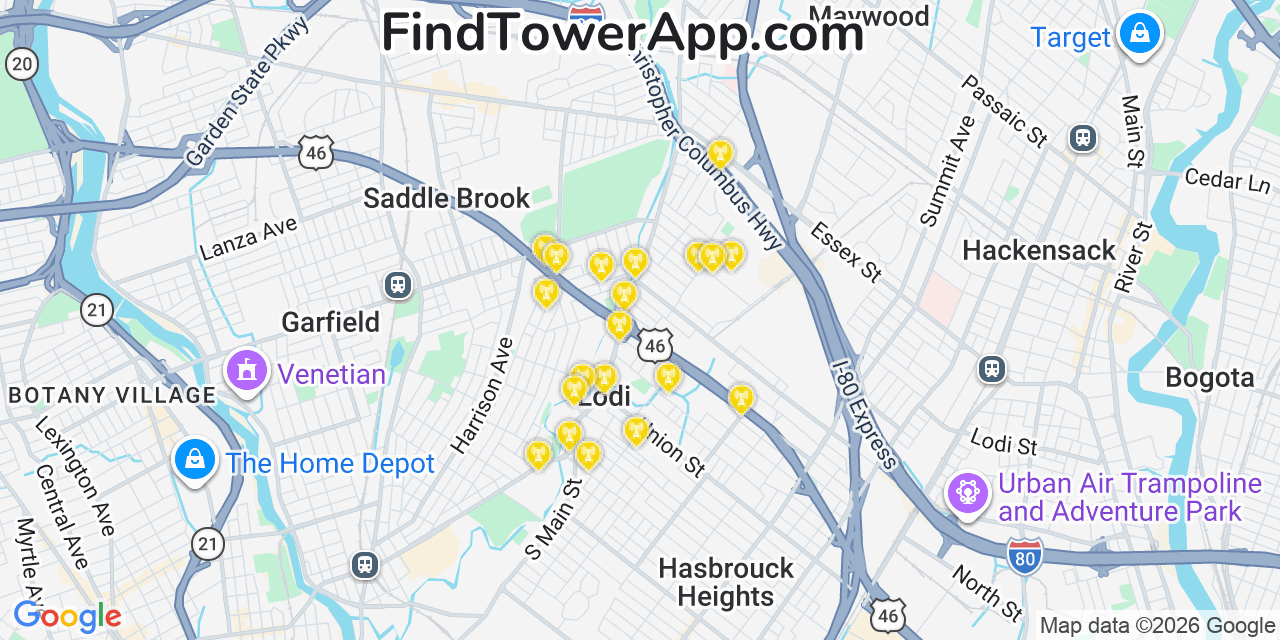 Map showing the 20 primary cell tower locations detected in Lodi, New Jersey from AT&T, Verizon, and T-Mobile networks