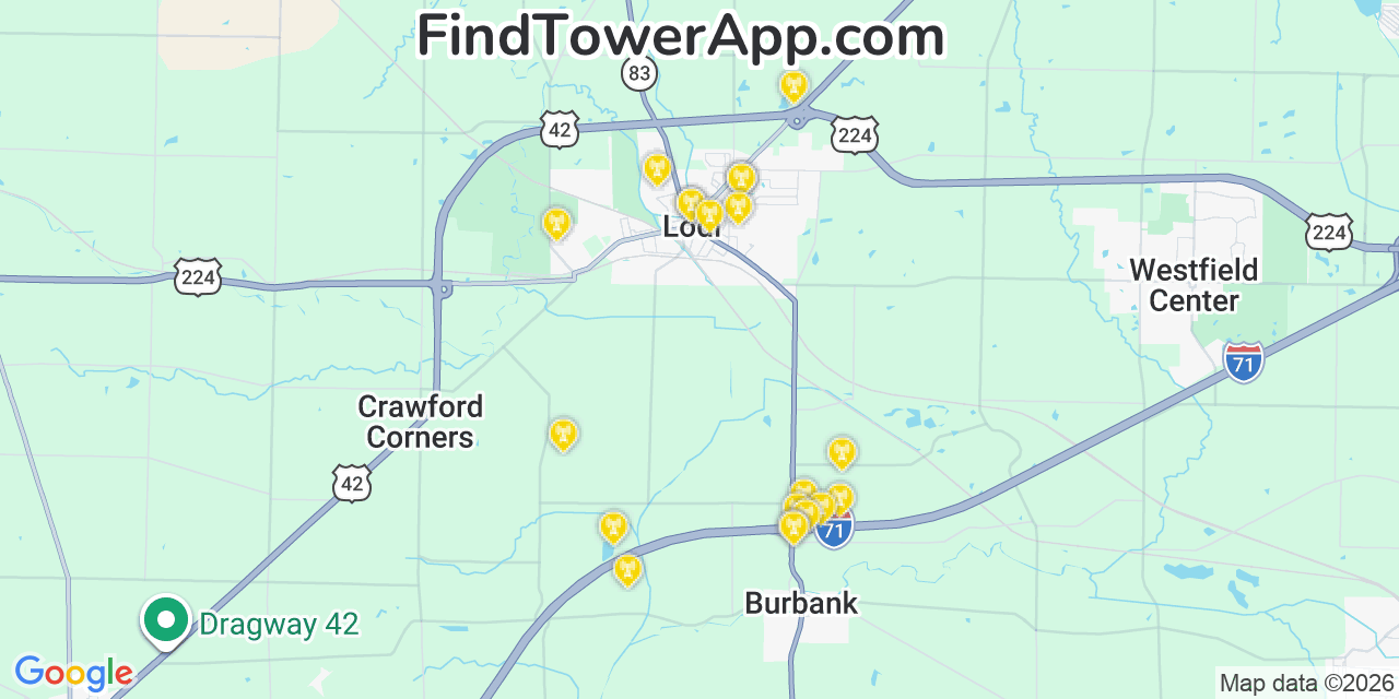 Map showing the 20 primary cell tower locations detected in Lodi, Ohio from AT&T, Verizon, and T-Mobile networks