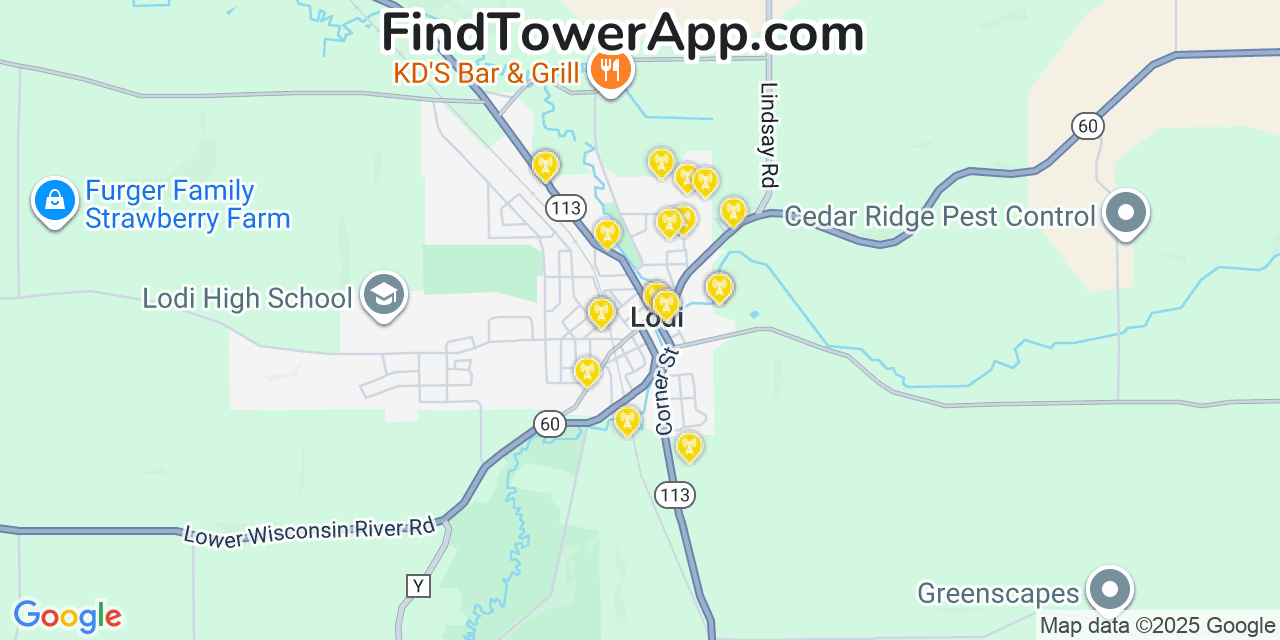 Map showing the 20 primary cell tower locations detected in Lodi, Wisconsin from AT&T, Verizon, and T-Mobile networks