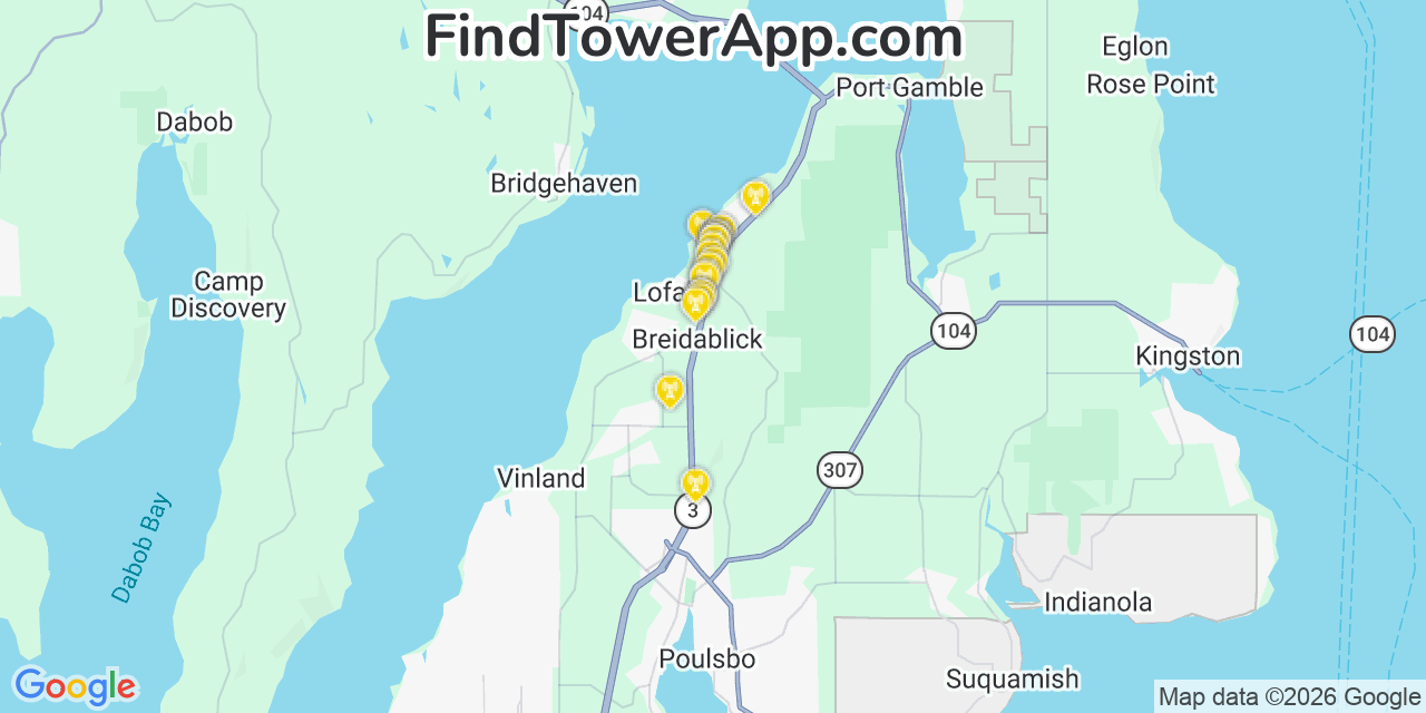 Map showing the 20 primary cell tower locations detected in Lofall, Washington from AT&T, Verizon, and T-Mobile networks