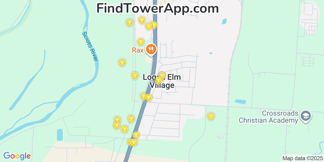 Map showing the 20 primary cell tower locations detected in Logan Elm Village, Ohio from AT&T, Verizon, and T-Mobile networks
