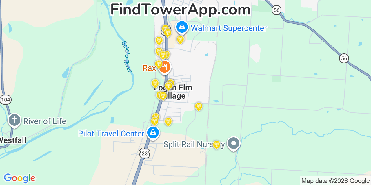 Map showing the 20 primary cell tower locations detected in Logan Elm Village, Ohio from AT&T, Verizon, and T-Mobile networks
