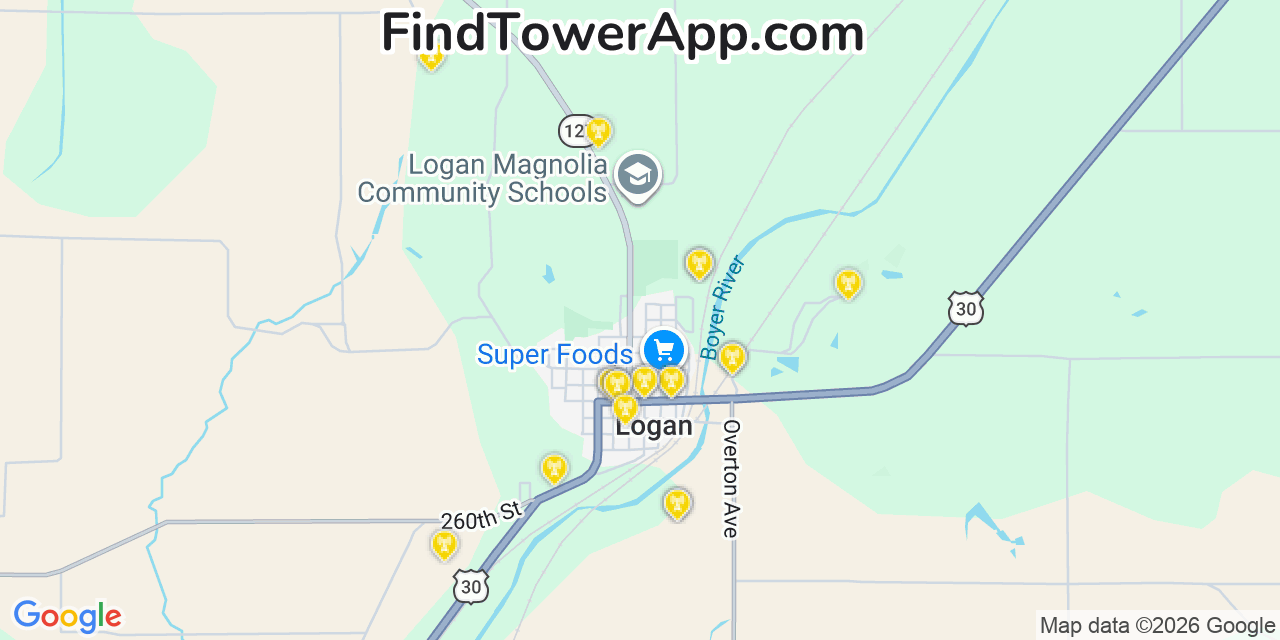 Map showing the 20 primary cell tower locations detected in Logan, Iowa from AT&T, Verizon, and T-Mobile networks