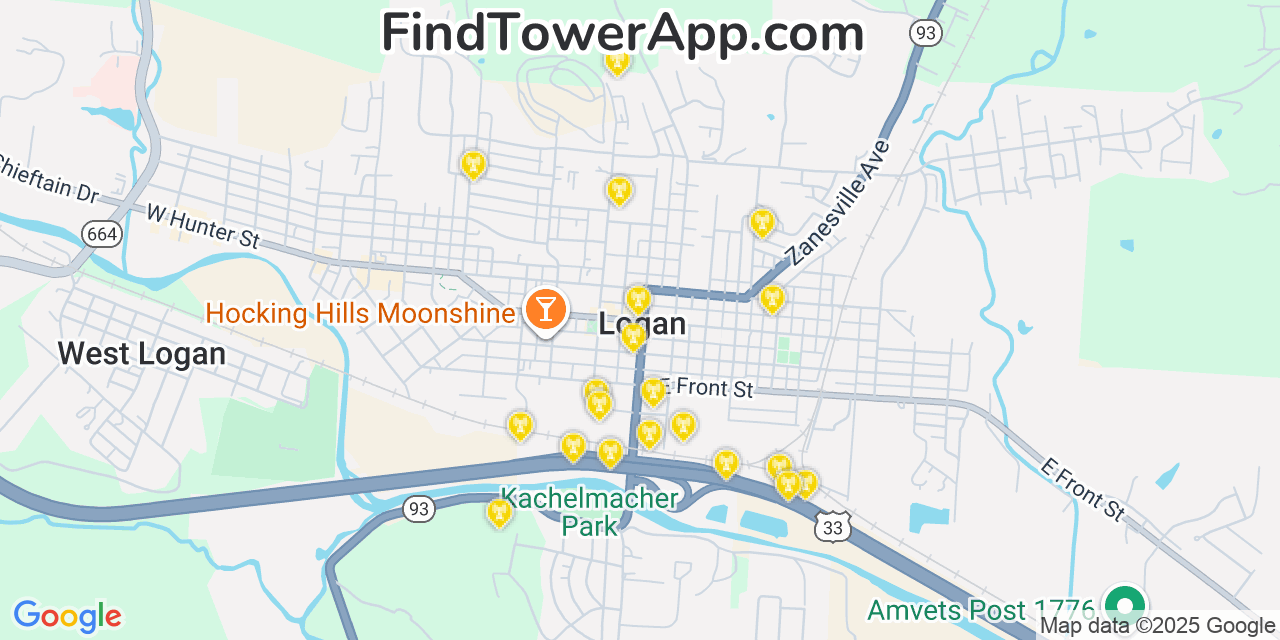 Map showing the 20 primary cell tower locations detected in Logan, Ohio from AT&T, Verizon, and T-Mobile networks