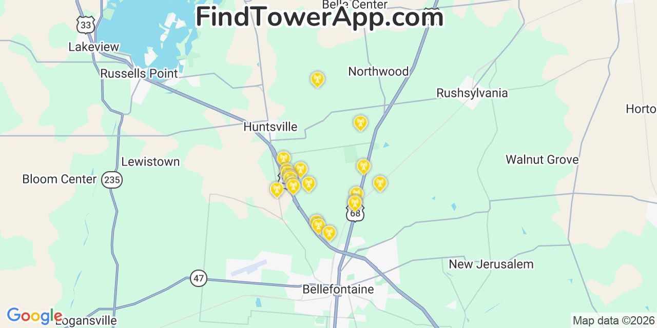 Map showing the 20 primary cell tower locations detected in Logan, Ohio from AT&T, Verizon, and T-Mobile networks
