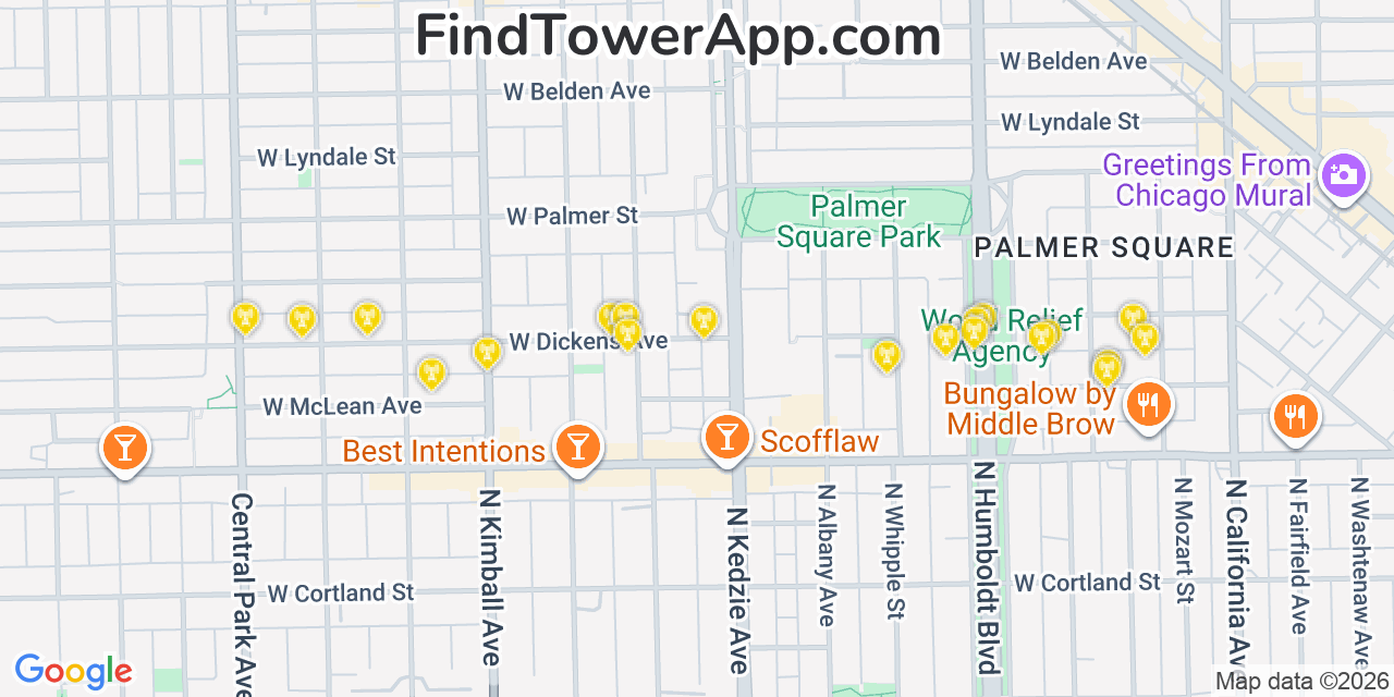 Map showing the 20 primary cell tower locations detected in Logan Square, Illinois from AT&T, Verizon, and T-Mobile networks