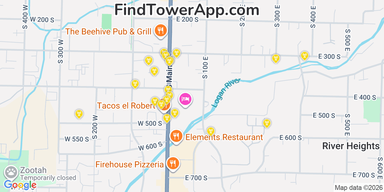 Map showing the 20 primary cell tower locations detected in Logan, Utah from AT&T, Verizon, and T-Mobile networks