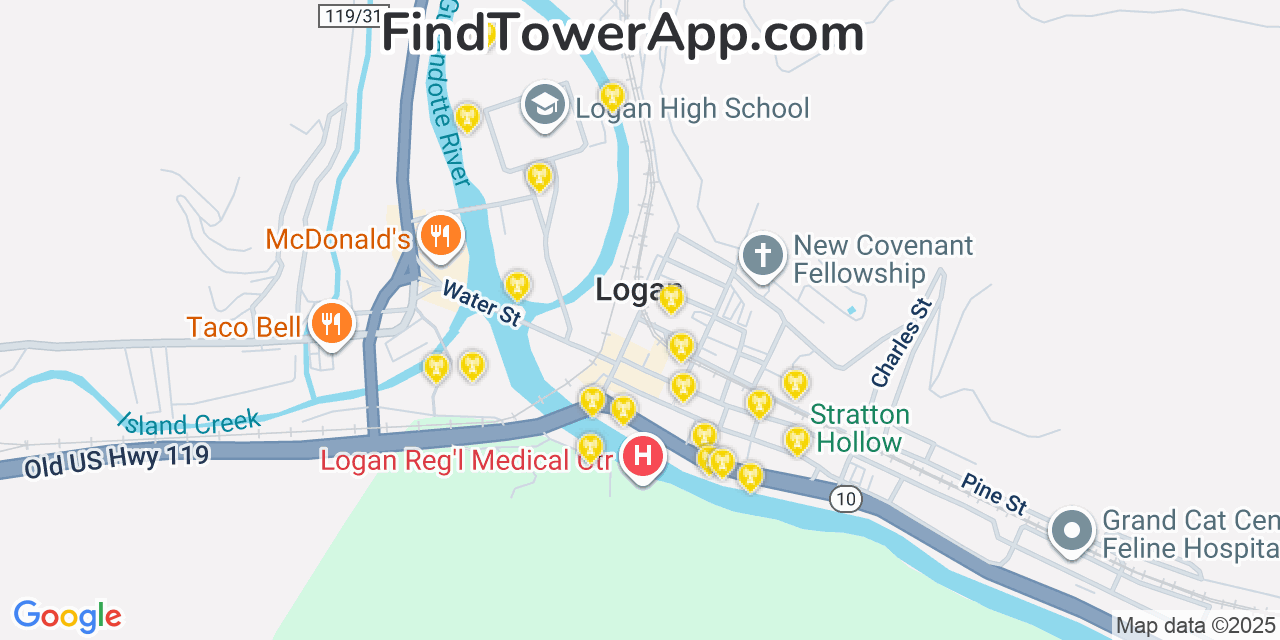 Map showing the 20 primary cell tower locations detected in Logan, West Virginia from AT&T, Verizon, and T-Mobile networks