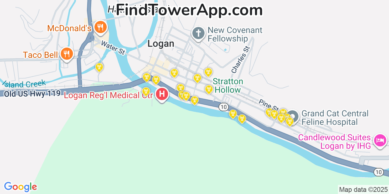 Map showing the 20 primary cell tower locations detected in Logan, West Virginia from AT&T, Verizon, and T-Mobile networks