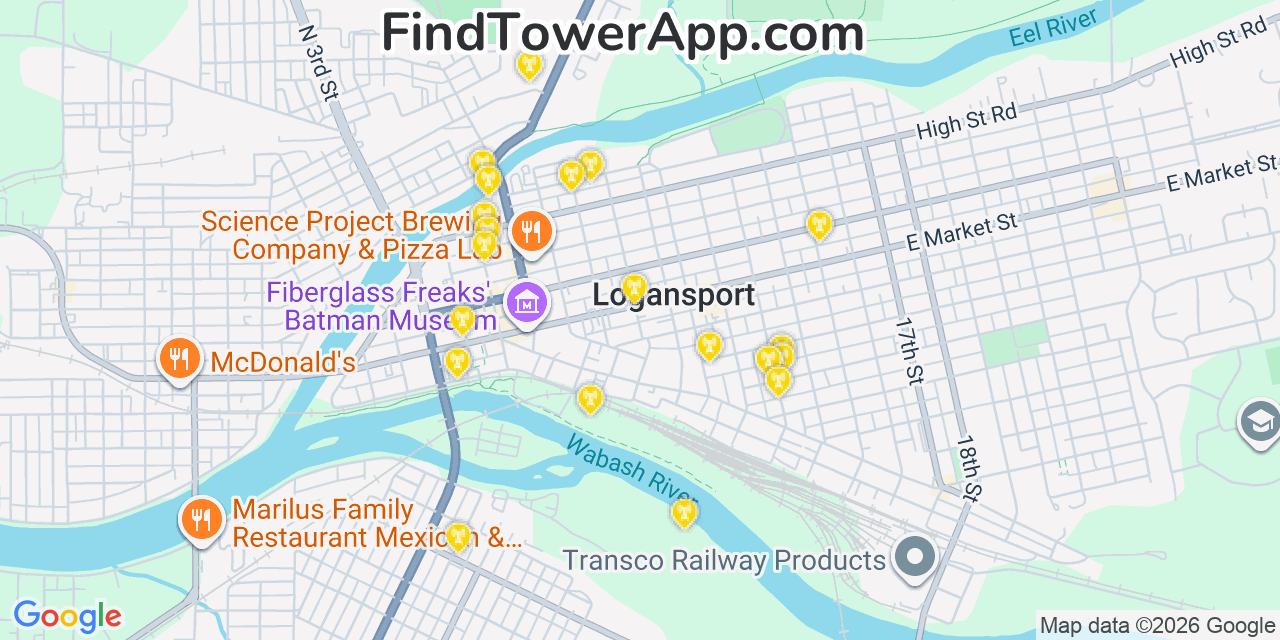 Map showing the 20 primary cell tower locations detected in Logansport, Indiana from AT&T, Verizon, and T-Mobile networks