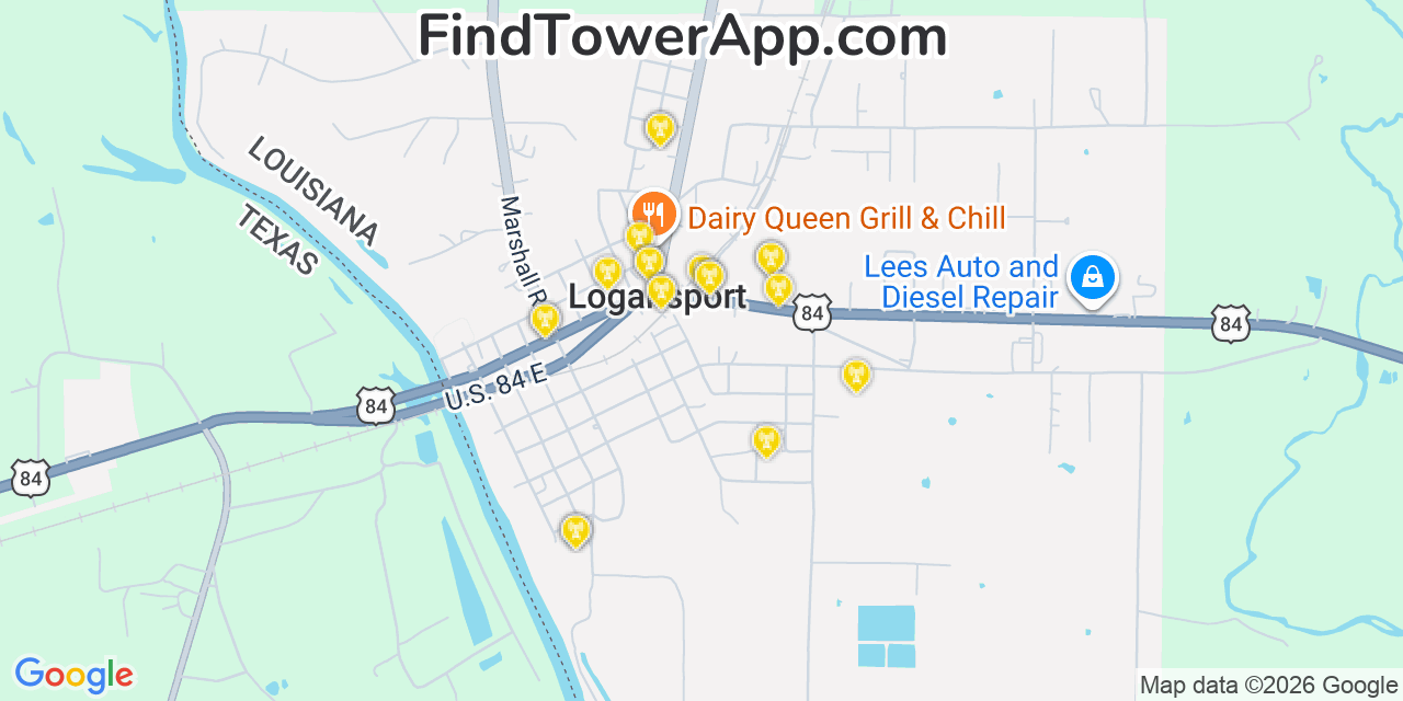 Map showing the 20 primary cell tower locations detected in Logansport, Louisiana from AT&T, Verizon, and T-Mobile networks