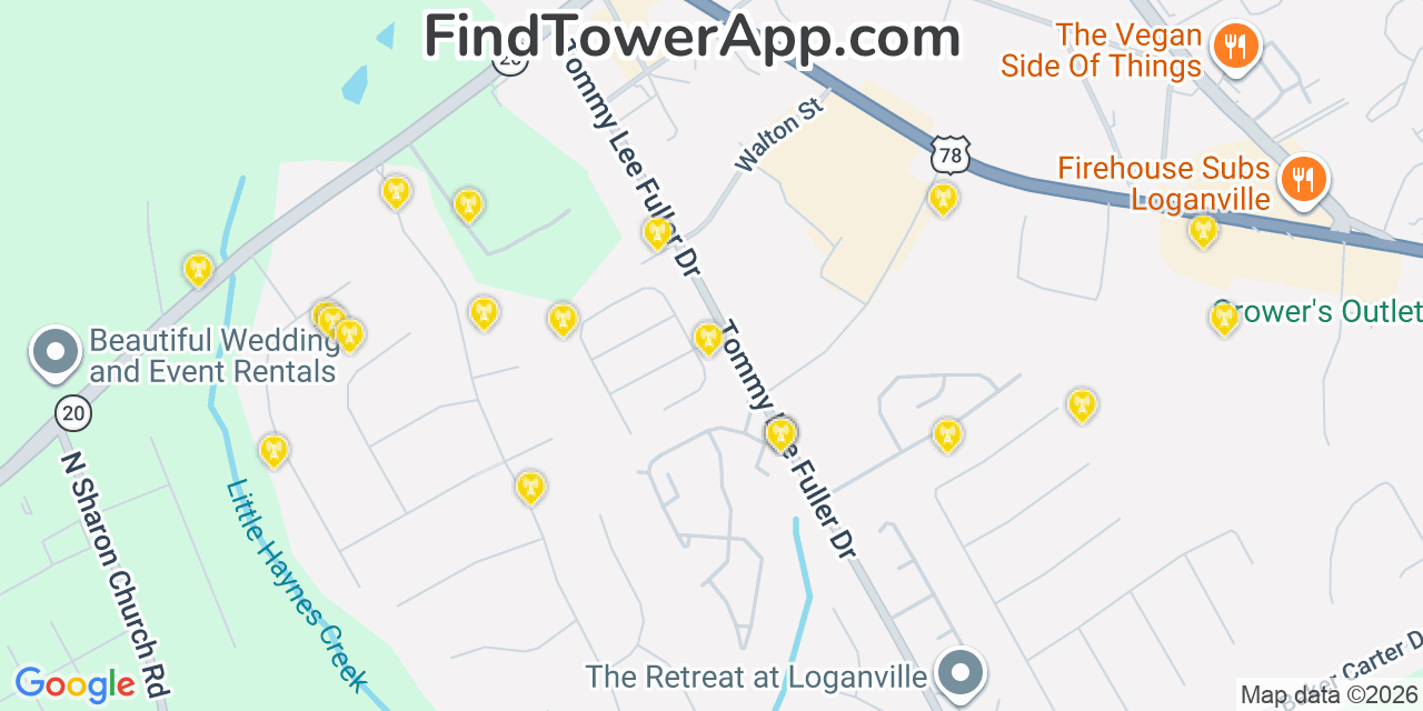 Map showing the 20 primary cell tower locations detected in Loganville, Georgia from AT&T, Verizon, and T-Mobile networks