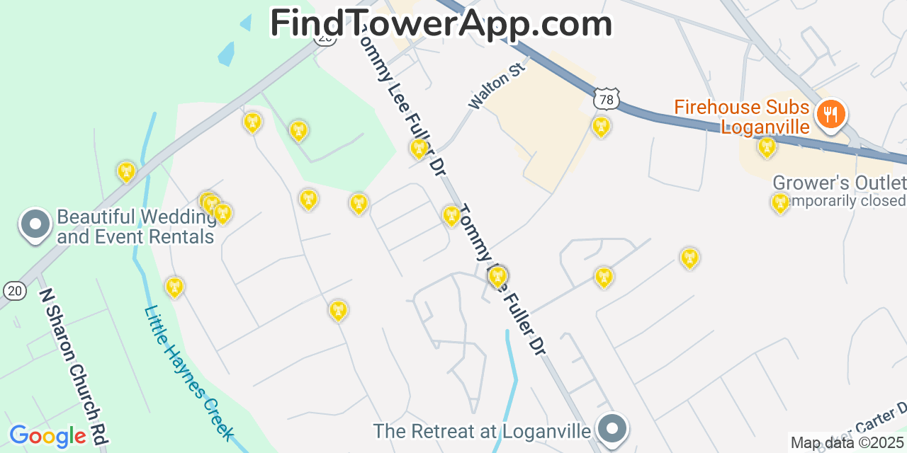 Map showing the 20 primary Mobitel cell tower locations detected in Loganville, Georgia with coverage radius and signal strength indicators